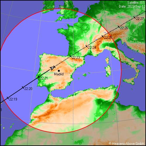 iss_alerts's tweet photo. Hoy miércoles 13 de septiembre de 2023 en Madrid 🇪🇸 tendremos un paso de la Estación Espacial Internacional 🛰. Arrancará a las 22:16 desde el sudoeste y se pondrá por el noreste tras unos 10 minutos. https://t.co/fP2fcPbjPR