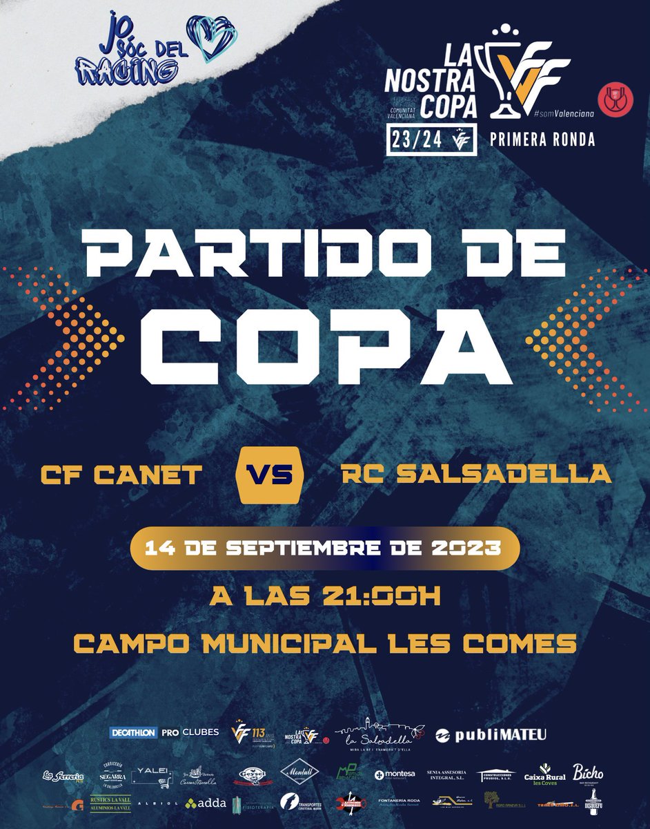 Este jueves jugamos el partido aplazado por las fuertes lluvias de la 1ª ronda de la Nostra Copa

CF Canet 🆚 <a href="/RCSalsadella/">Racing Club Salsadella</a> 
🗓 14/09/2023
⏰ 21:00h
🏟 Camp Municipal #LesComes
✖️ Primera Ronda
🏆 𝟯ª 𝗘𝗱𝗶𝗰𝗶𝗼́𝗻 𝗱𝗲 𝗟𝗮 𝗡𝗼𝘀𝘁𝗿𝗮 𝗖𝗼𝗽𝗮

#LaNostraCopa <a href="/FFCV_info/">FFCV</a> <a href="/rfef/">RFEF</a>