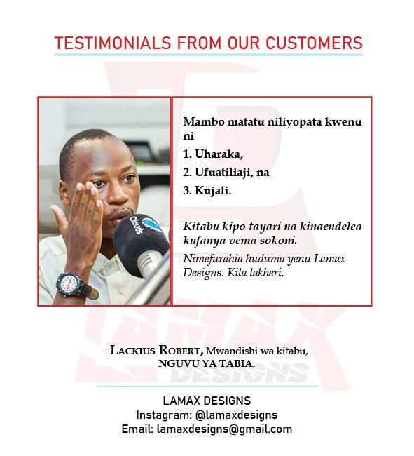 LamaxDesigns's tweet photo. 🔥MWANDISHI WA VITABU 

Karibu @lamaxdesigns 
KWA HUDUMA ZIFUATAZO...

1📝Typesetting
2📝Layout Design (kupangiwa kitabu chako vizuri)
3📝Cover Design (sanifu ya jalada la kitabu chako)
4📝Editing (uhariri wa vitabu)
5📝Printing https://t.co/dHOTH37VSf
