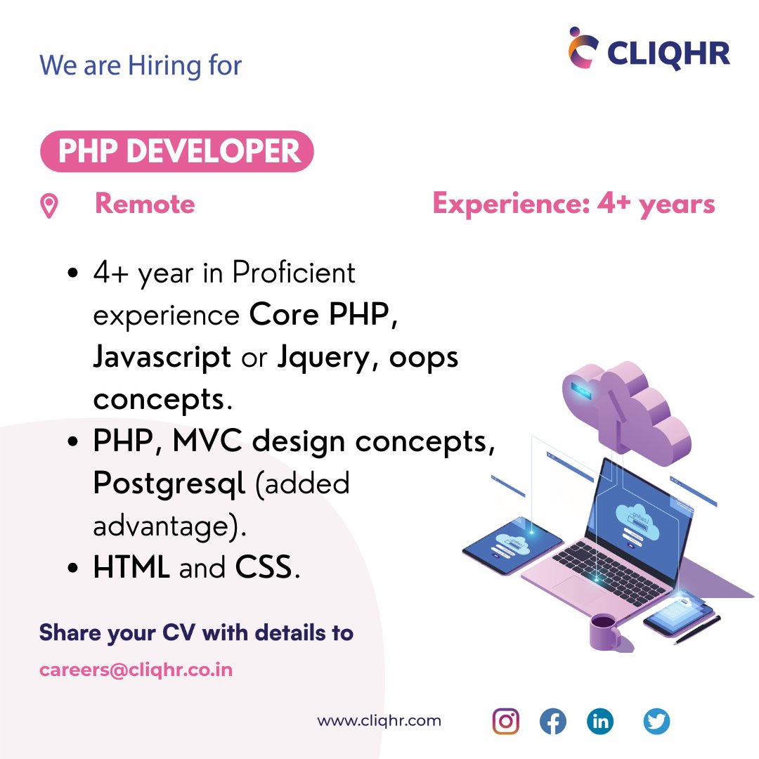 CliqHR's tweet image. #workfromhome
Opening for PHP Developer
Experience: 4 years
#phpdeveloperjobs #phpjobs #phpdeveloper #remotejobs #remoteopportunity #remotejob #remoteworkers #cliqhr
