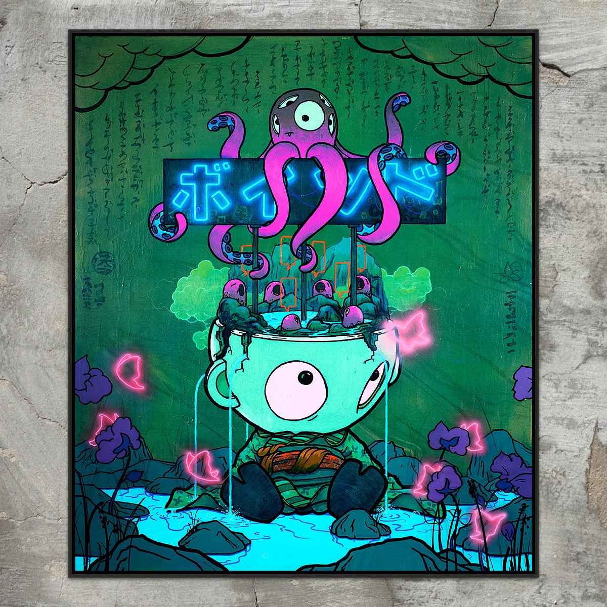 ‘Simon and the Kyouun Choir’. 100cm x 122cm. One of three new pothead originals I have up on show this weekend in Lewes. I’ve also just sent a newsletter with a link for pricing info. If you’re not on my mailing list you only have yourself to blame.