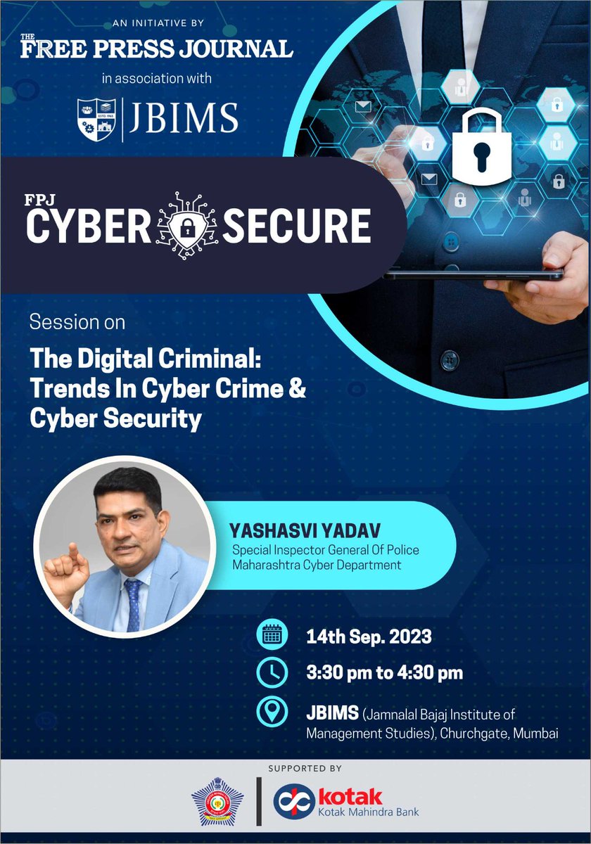 📢 Join us for an insightful session on digital crime trends and cybersecurity with YASHASVI YADAV, Spl. Inspector General of Police, Maharashtra Cyber Crime. 🌐💻

🗓️ Date: September 14th 

🕒 Time: 3:30 PM to 4:30 PM 

📍 Location: JBIMS, Churchgate, Mumbai

Don't miss this