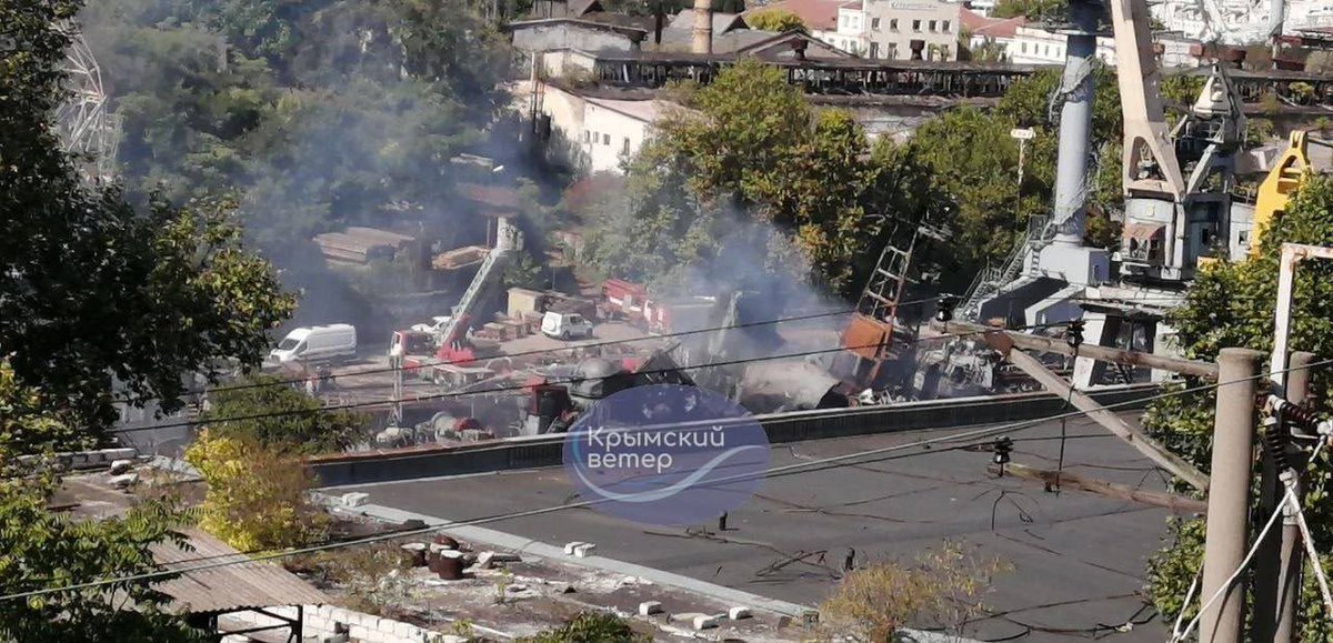 The Russian Ropucha class LST can be seen post Ukrainian strike at the Sevastopol Shipyard drydocks. 

The superstructure forward of the rear AK-725 turret is gone.