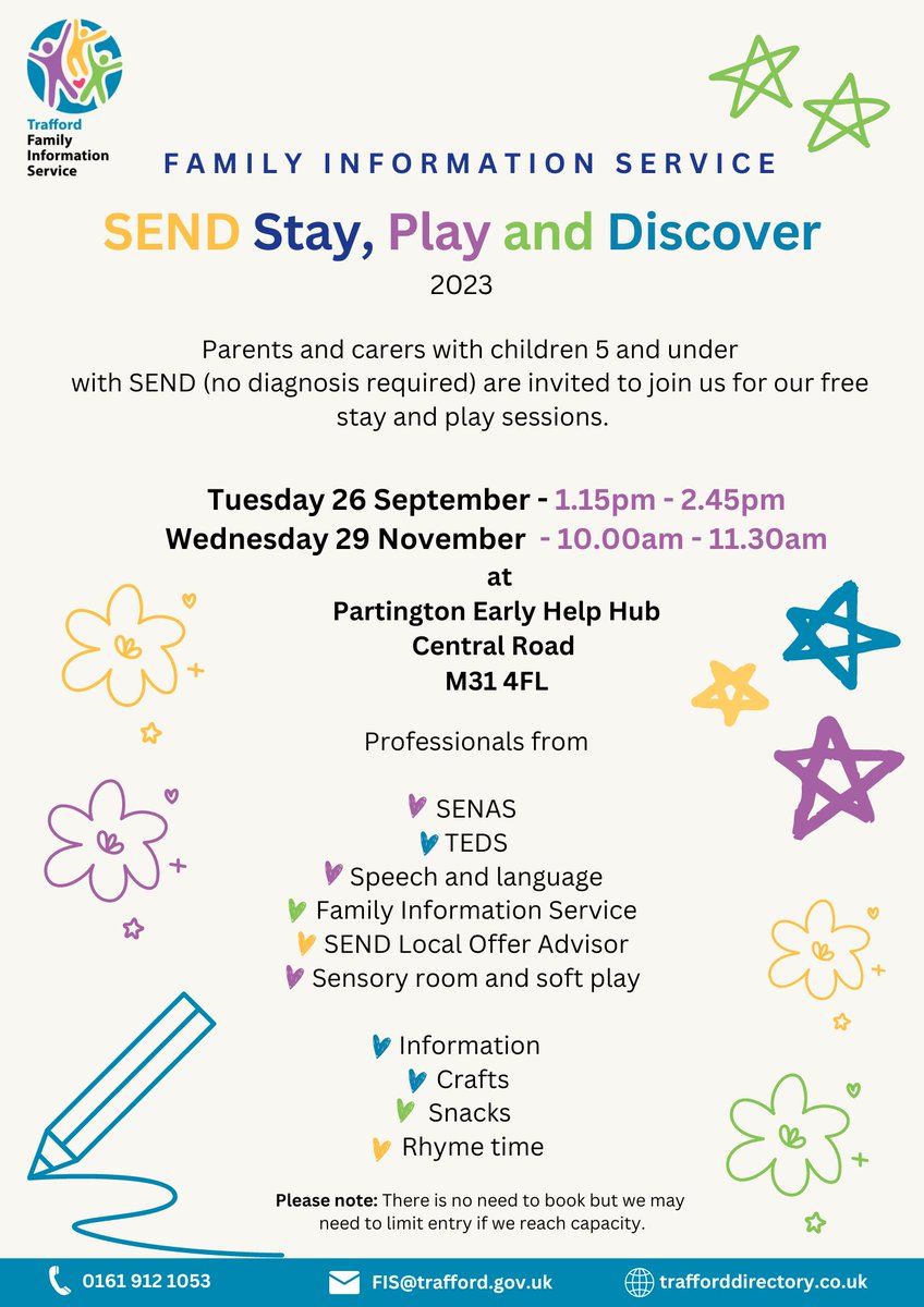 Parents and carers with children 5 and under with SEND are invited to join us for our free stay and play session on the 16th September 1:15pm at Partington Early Help Hub.
