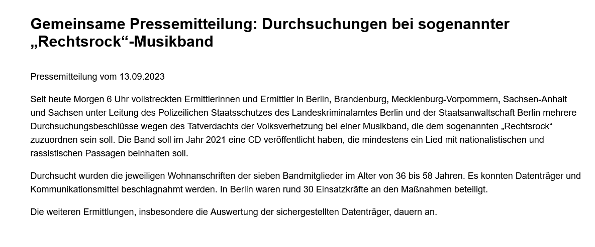 bildwerkrostock's tweet photo. Die Generalstaatsanwaltschaft Berlin
vermeldet Durchsuchungen bei Mitgliedern einer #Naziband in Berlin, Brandenburg, Mecklenburg-Vorpommern, Sachsen-Anhalt und Sachsen.
Durchsuchungen laufen noch.
Name der Band bisher unbekannt,
Pol MV schweigt dazu bislang. https://t.co/7TIAx3ACQV