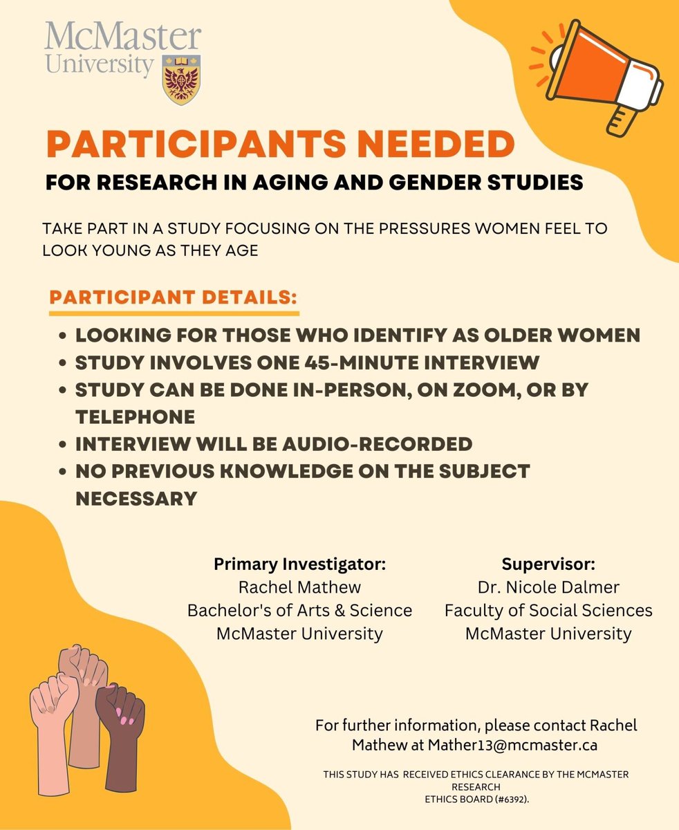 📢My wonderful undergraduate thesis student, Rachel, is recruiting participants to better understand women's experiences of growing older. Please circulate!