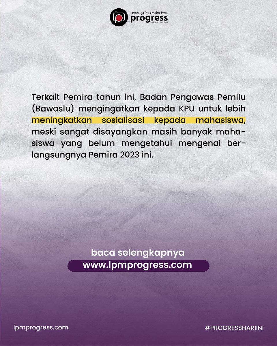 [KAMPUSIANA]

Selasa, (12/09) telah berlangsung hari pertama Pemilihan Umum Raya (Pemira) 2023 Universitas Indraprasta PGRI (Unindra). Simak selengkapnya di 
lpmprogress.com/post/kurangnya…

LPM Progress 2023
Kritis, Ilmiah, Demokratis 

#LPMProgress
#PROGRESSHARIINI
#Pemira
#Unindra