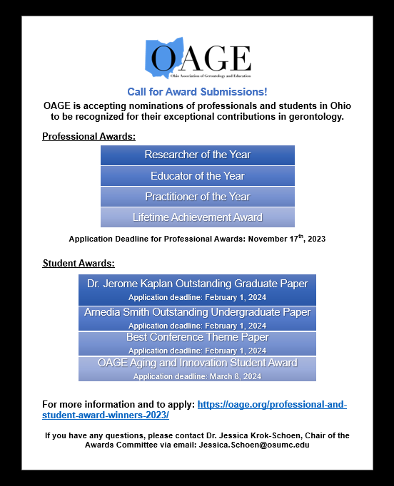 OAGE awards students and professionals for excellence in Gerontology. We are now accepting nominations for 2024.

Learn more at:
oage.org/professional-a…

#gerontology #ohio #education