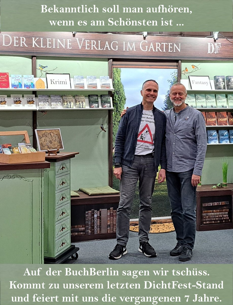 Erellgorh's tweet photo. "DichtFest - Der kleine Verlag im Garten" schließt seine Tore.
Wie heute im Twitch-Stream verkündet werden wir (Frank Friedrichs und Matthias Teut) unsere Verlagstätigkeit zum 31. Oktober einstellen ... 😥
... um mehr Zeit zum Schreiben zu haben! 🥳📚🎉

#WorkLifeBalance https://t.co/QpoCBuwlUR