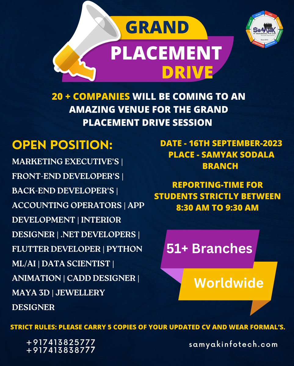 Join Samyak's Biggest Placement Drive and Secure Your Future! On 16th September at Sodala branch #samyak #job #jobvacancy #jobopportunity #computerclasses #jobseekers #jobsearching #jobfair #jaipur #pinkcity