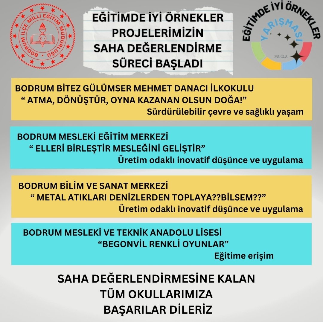 Okullarda‘yenilikçi uygulamaların’ yaygınlaştırılmasına imkân sağlayan Muğla Eğitimde İyi Örnekler Yarışmasında, saha değerlendirmesine kalan okullarımızı tebrik eder başarılar dileriz.Emeği geçen öğrenci ve öğretmenlerimize teşekkür ederiz. <a href="/mugla_mem/">Muğla İl Millî Eğitim Müdürlüğü</a>  <a href="/emrecay55/">Emre ÇAY</a> <a href="/AldalBulent/">Bülent Aldal</a>