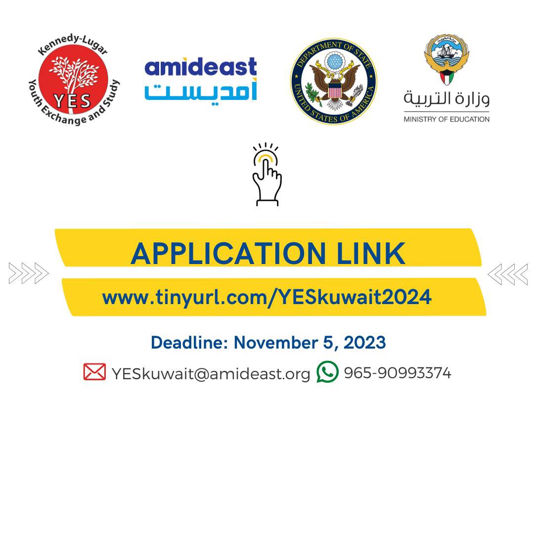Are you a Kuwaiti student currently in grades 9 or 10? Are you interested in studying in the US for one academic year? Hurry up &amp; apply to the YES program! The YES program is approved by the Ministry of Education in Kuwait.

 tinyurl.com/YESkuwait2024