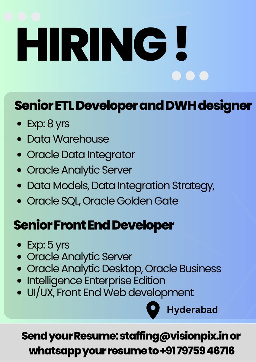 Hiring for top MNC..

Send your Resume: staffing@visionpix.in or
whatsapp your resume to +91 79759 46716

#softwaredevelopers #oracledeveloper #oracledba #oraclejobs #hyderabadjobs #hyderabadjobseekers #hyderabadjob #oracleanalytics #frontenddevelopment