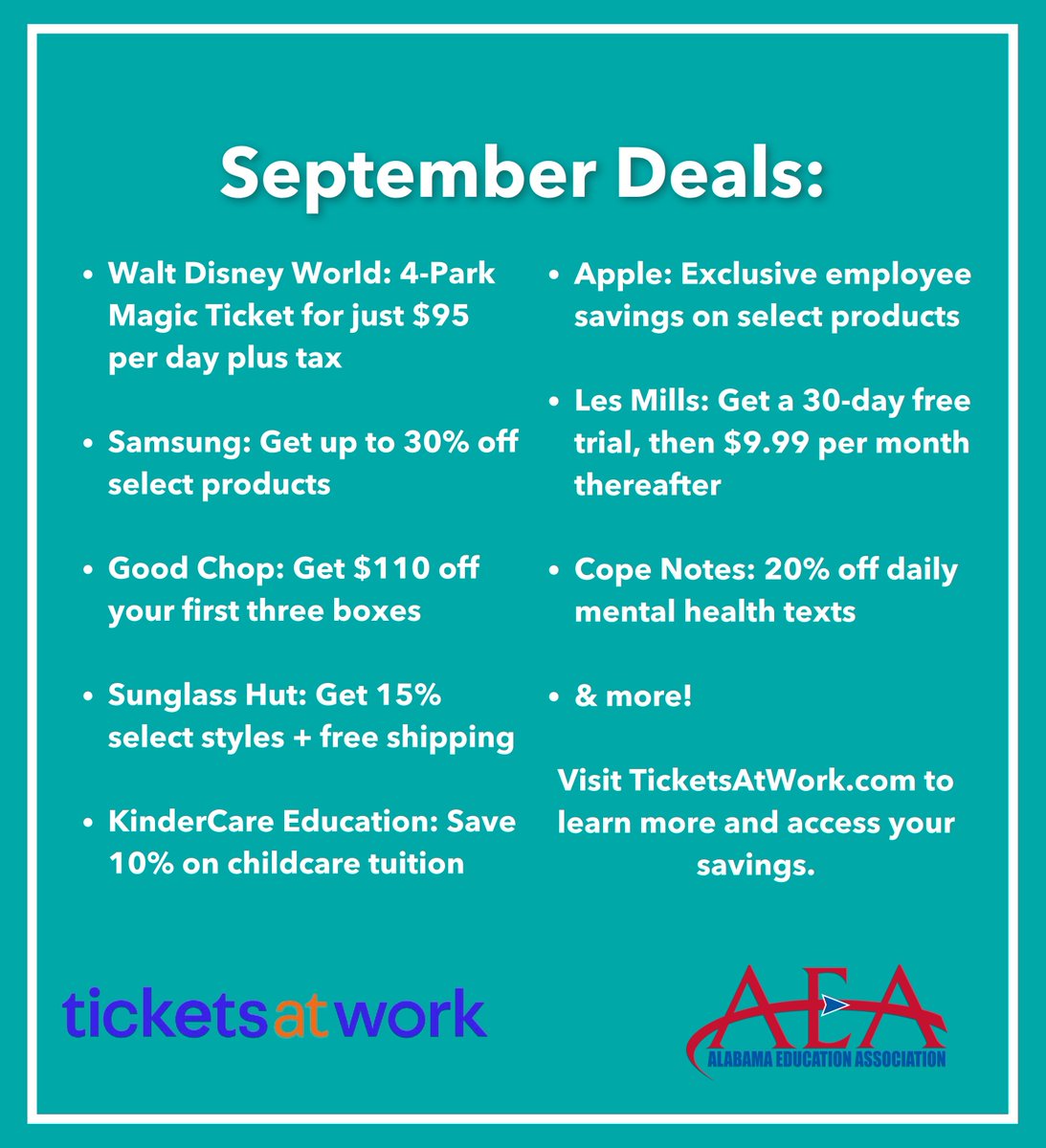AEA members! This September, take advantage of the discounts made available by your membership. These are just some of the deals that TicketsAtWork is offering as the seasons change. Visit TicketsAtWork.com to learn more! #myAEA