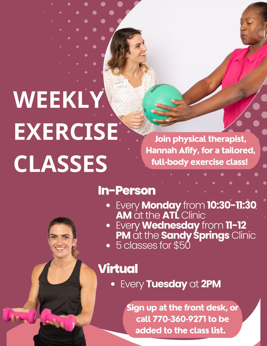 Join physical therapist, Hannah Afify, for invigorating exercise classes that cater to both in-person and virtual attendees. Sign up by calling our office at 770-360-9271.