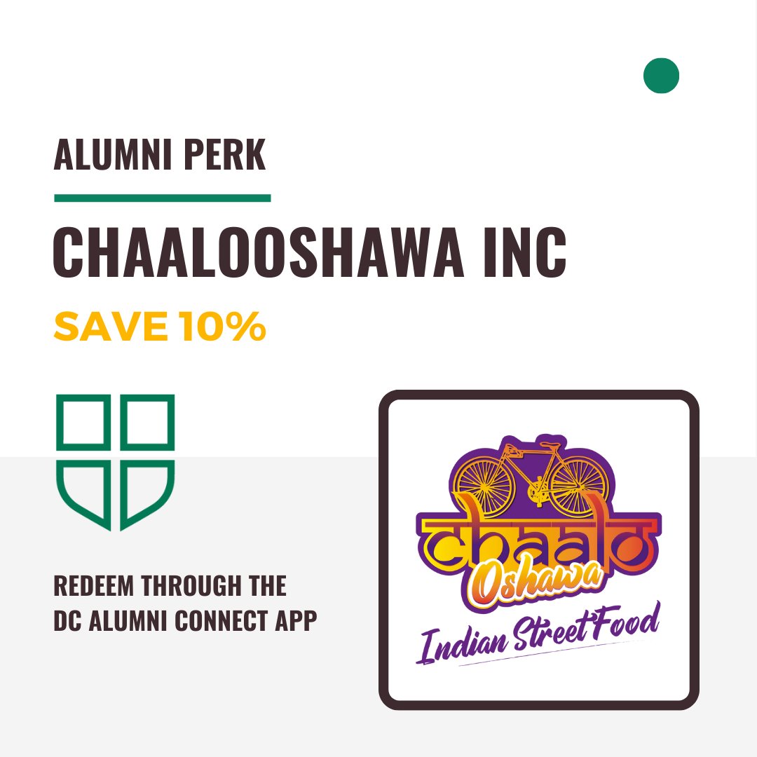 Get 10% off on Indian street food at Chaalooshawa Inc in Oshawa! Just download the DC Alumni Connect app or visit dcalumniconnect.ca, select the Perks tab, and redeem the offer to enjoy the discount. #DCAlumni #IndianCuisine #Vegetarian #BacktoSchool
