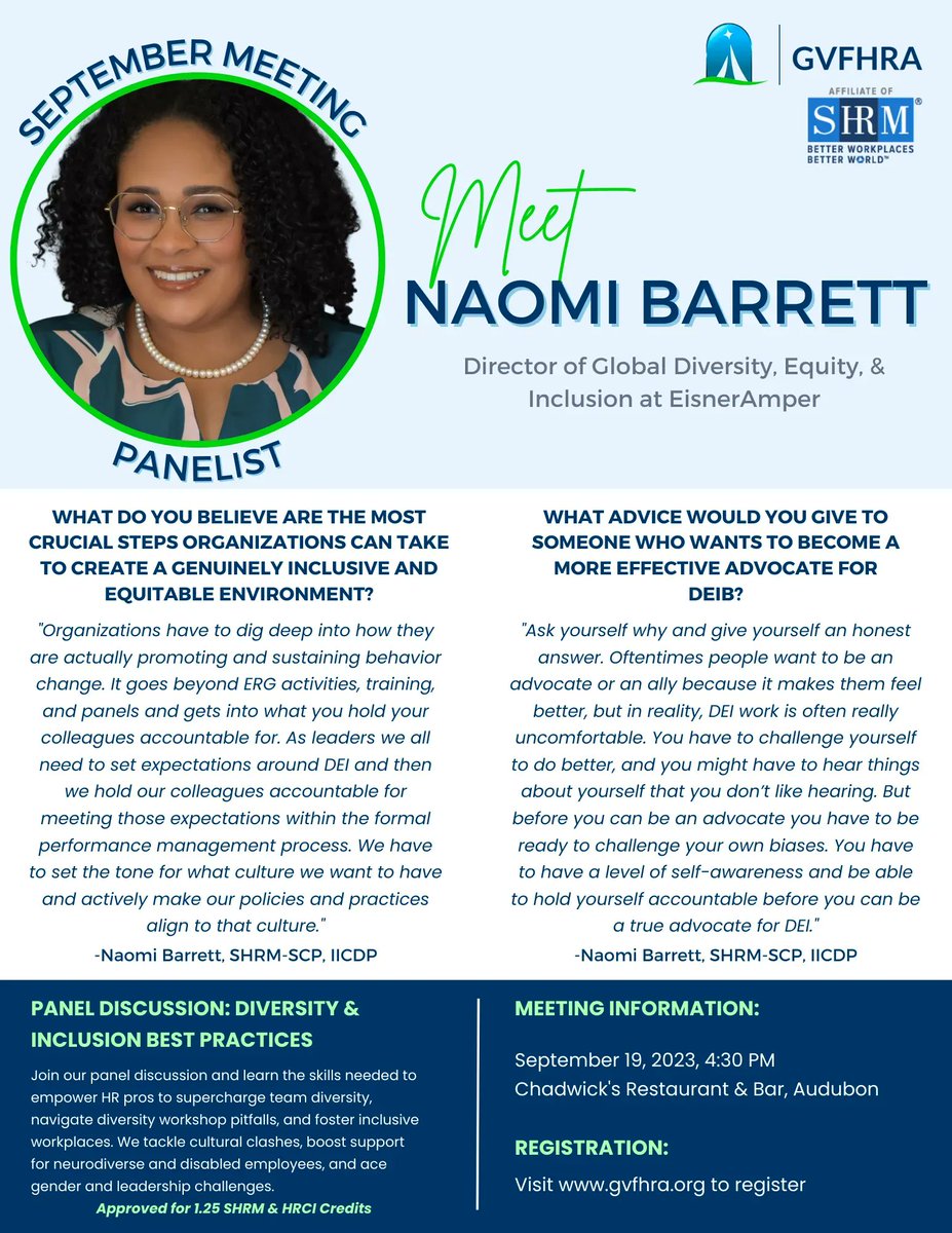 ✨ SPEAKER SPOTLIGHT ✨ 

Meet one of our September 19th Diversity Panelists, Naomi Barrett, SHRM-SCP, IICDP.

To hear more insight from Naomi, register to join an engaging discussion regarding hot topics in diversity &amp; inclusion at our September 19th Meeting!