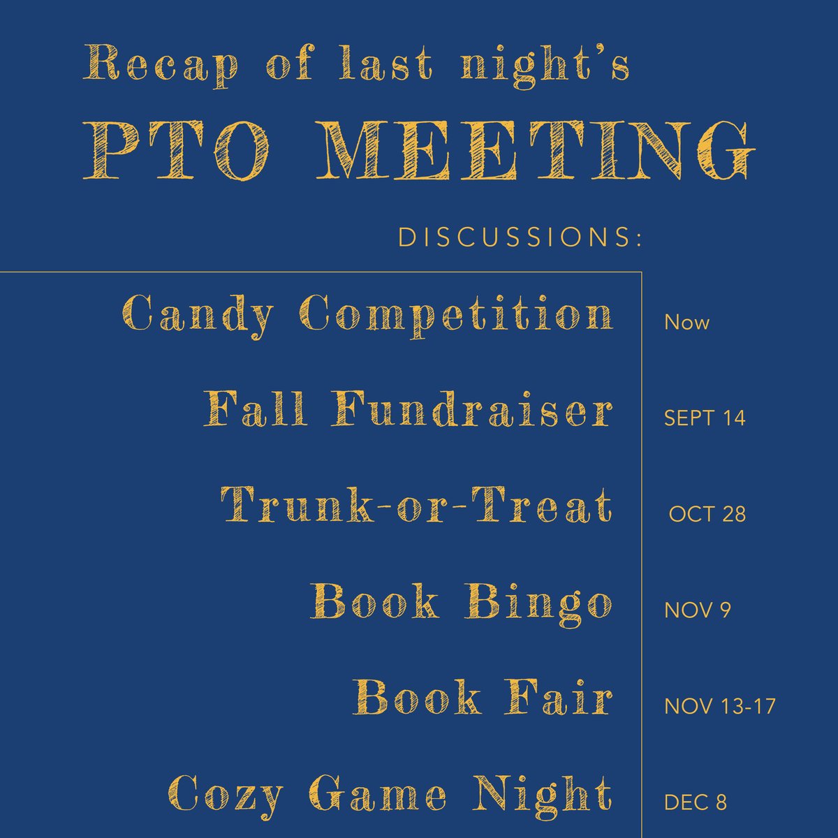 What's coming up this fall: Our candy competition starts TODAY! 🍬 Send in bags of wrapped candy for our October 28th Trunk or Treat celebration. The first team to fill their candy monster gets a prize. Stay tuned for more details ... 🥧🍪🎃📚♟️🍝