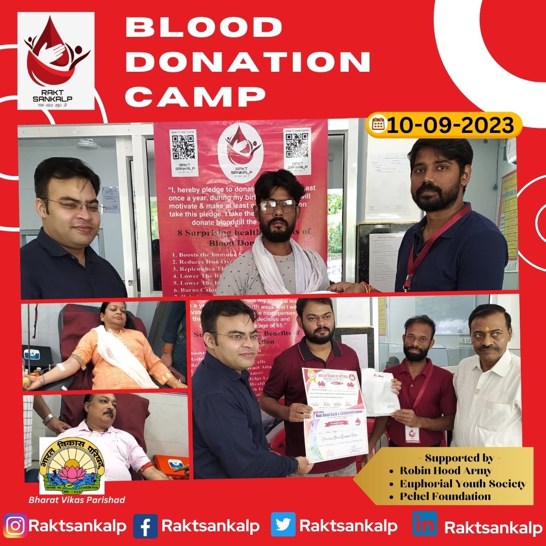 RaktSankalp's tweet photo. Proud to share glimpses of #blooddonation drive organised by Bharat Vikas Parishad @BharatVikasP on 10th Sept'23 at 4 locations with @RaktSankalp as #pledgepartner & support of @rha_india, @EuphorialYouth & @THEPEHEL
Thankful to organisers, donors & volunteers for their support! https://t.co/yNSXkjwU42