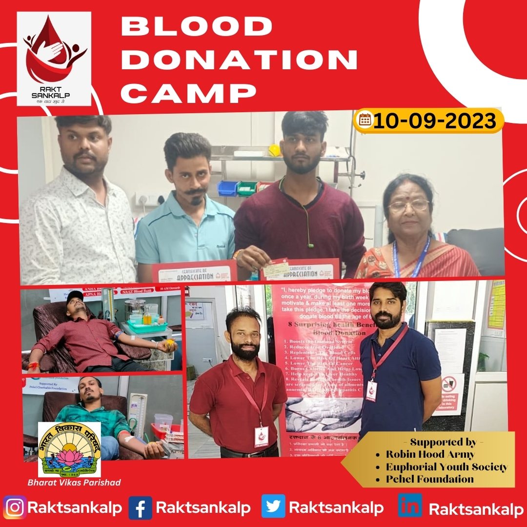 RaktSankalp's tweet photo. Proud to share glimpses of #blooddonation drive organised by Bharat Vikas Parishad @BharatVikasP on 10th Sept'23 at 4 locations with @RaktSankalp as #pledgepartner & support of @rha_india, @EuphorialYouth & @THEPEHEL
Thankful to organisers, donors & volunteers for their support! https://t.co/yNSXkjwU42