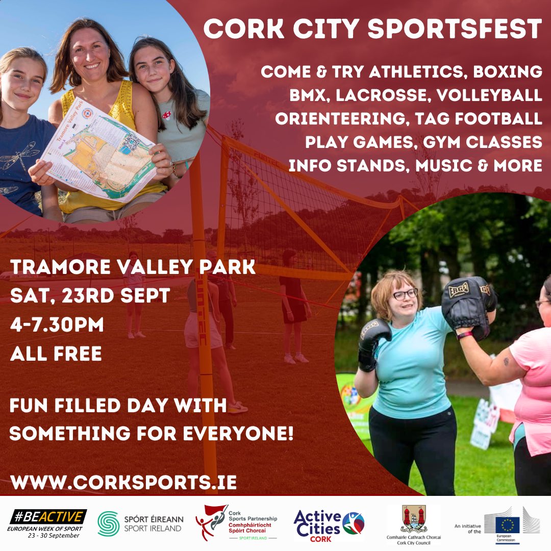 📣🤩 Cork City SportsFest | Tramore Valley Park

🤩 Come &amp; Try Athletics, Boxing, Bmx, Lacrosse, Volleyball, Orienteering, Outdoor Gym Sessions, Tag American Football, Activator Poles &amp; More!

📆 Sat, 23rd Sept
📍 <a href="/TramoreValPark/">Tramore Valley Park</a> 
⏰ 4-7.30pm
🎟️ FREE

ℹ️ corksports.ie/latest-news/co…