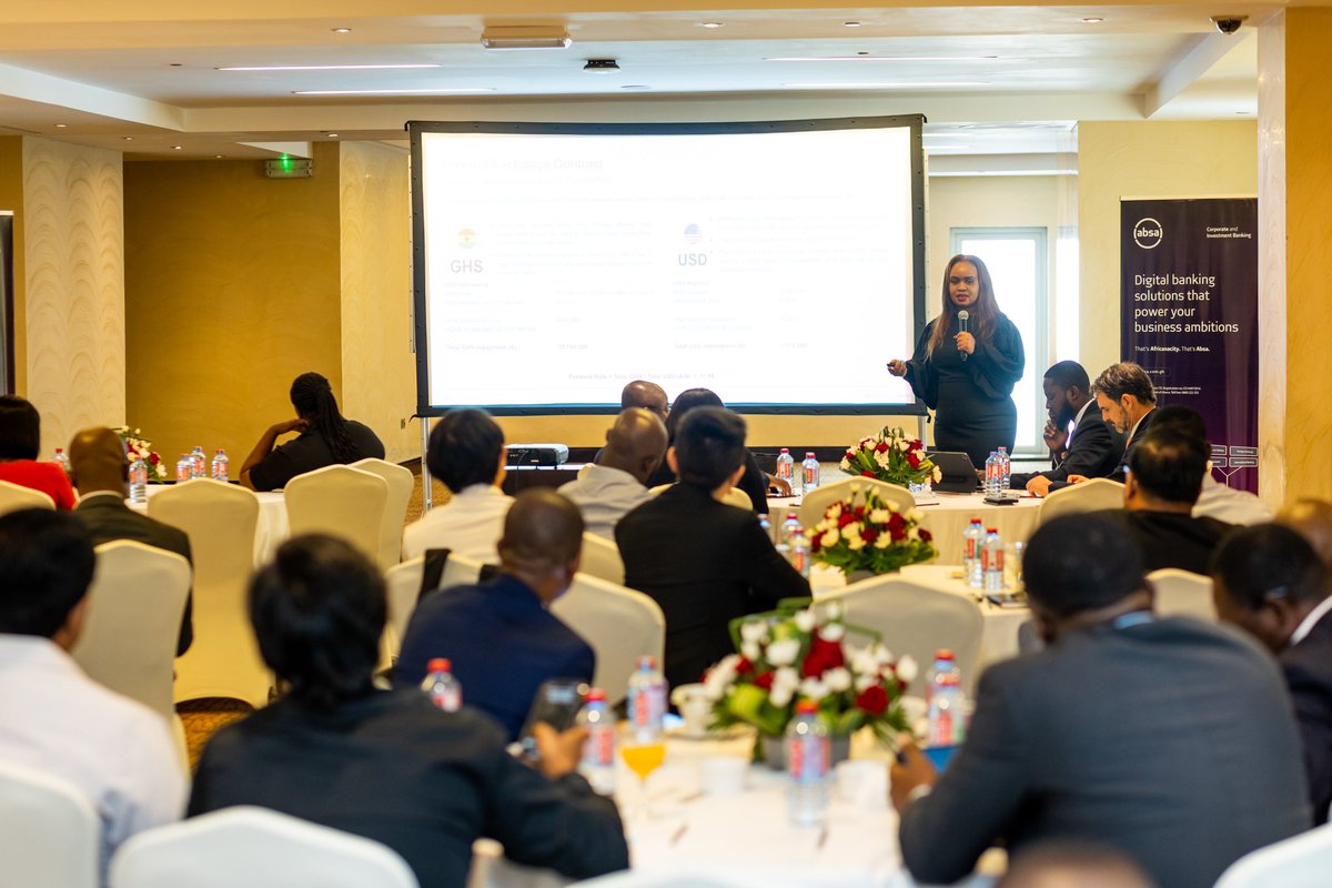 AbsaGhana's tweet photo. Vuyo Teleki, Head of the Absa’s Africa Regional Operations’ Client Solutions Group, delivers an insightful presentation and case studies highlighting critical FX Risk Management tools that modern African businesses must consider to excel.

#AbsaGhana #AbsaCIB #ClientEngagement https://t.co/b2o0Z6nZ15