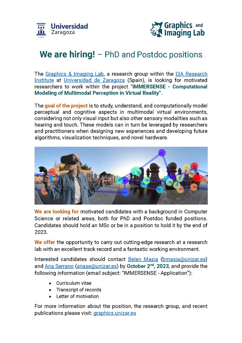 Join our team at Universidad de Zaragoza for PhD and Postdoc positions within the 'IMMERSENSE' project. 🌐Help us explore and computationally model Multimodal Perception in Virtual Reality. 🚀More details in the attached image! 📚#PhD #Postdoc #VirtualReality #ResearchOpportunity