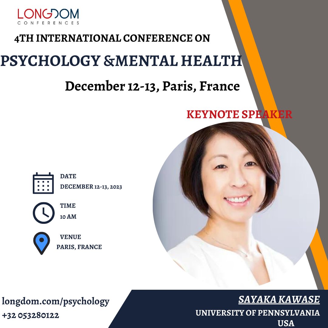 Meet our experts at International Conference on #Psychology &amp; #Mental_Health which is the globe to the prestigious event on December 12-13, 2022 in #Paris#France."
Website: lnkd.in/dQ4urGj4
Email: psychology@longdomglobal.com
WhatsApp us: +441656458219
 #psychologists