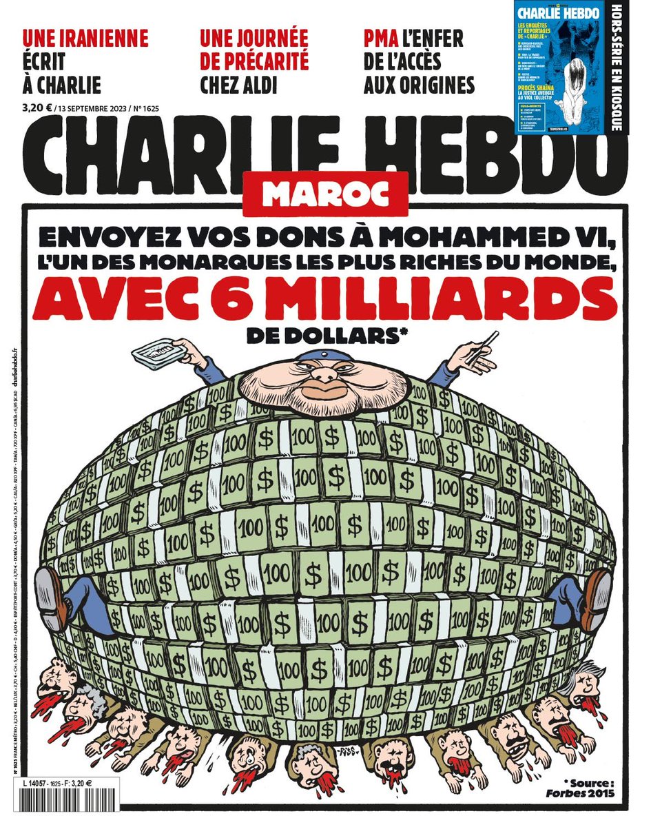 aschapire's tweet photo. Portada de Charlie Hebdo de hoy: "Envíe sus donativos a Mohammed 6, uno de los monarcas más ricos del mundo, con sus 6 mil millones de dólares". https://t.co/k6HywaI4IJ