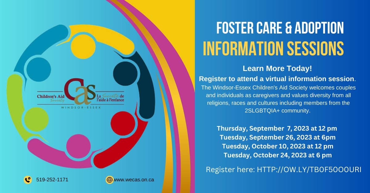2 more information sessions before our next round of foster and adoptive parent training! Contact me if these sessions do not work and we will cater a session to your schedule!
#WEFoster #YQG <a href="/WindsorEssexCAS/">WindsorEssexCAS</a> #fostertodaydontdelay #Adoption