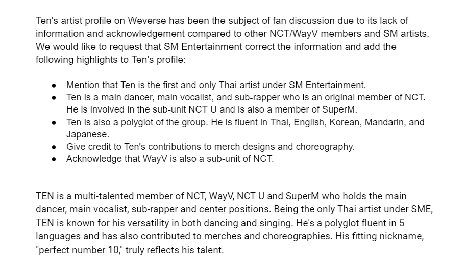 TENsfeed's tweet photo. Hello @weverseofficial @SMTOWNGLOBAL, please update Ten's profile description.   

We believe he should have proper recognition for his talents, including his official positions, contributions to the group, and his remarkable linguistic skills as a polyglot. Thanks. https://t.co/YKnIhOVSWM