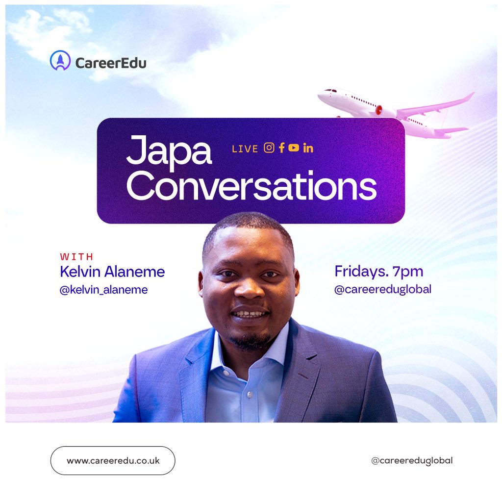 CareerEdu_'s tweet image. This Friday 7pm, Join us LIVE on Instagram, Facebook, YouTube and LinkedIn 😊

JAPA Conversations with our CEO @Kelvin_Alaneme 
Get your questions ready and come prepared. 
We would be sharing several travel abroad tips for Work and Study! 

Don’t miss this! #careeredu