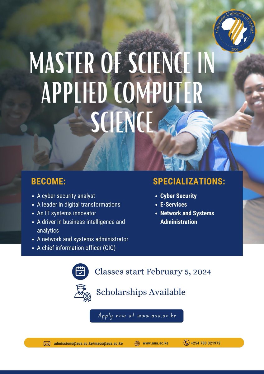auauniversity's tweet image. Master of Science in Applied Computer Science programme develops competent professionals to embrace research in Security, Digital Transformation and Systems Integration.  

Apply today: academics.aua.ac.ke/aua/ 

#AdventistUniversity #AppliedComputerScience #PostgraduateStudies