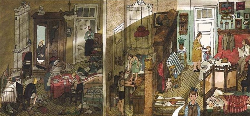 ConfrontingMems's tweet photo. This is a spread from the picture book “The Apartment: A Century of Russian History” illustrated by the Russian artist Anna Desnitskaya. The book tells the story of the Muromtsev family, their Moscow apartment, and how it – and the whole country – changes over the 20th century. https://t.co/PxcRMn7qgA