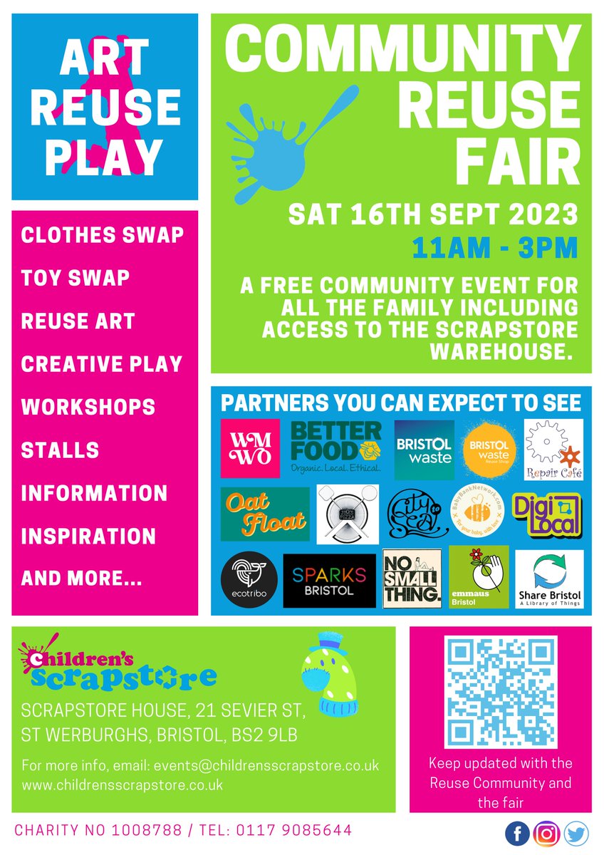 It's today!
Come to Bristol's Community Reuse Fair, 11am - 1pm Children's Scrapstore Bristol.
👩‍👧‍👦 Free family and community event with lots of fantastic activities and local organisations.
➡ More info 
childrensscrapstore.co.uk/reuse-fair
@ScrapstoreBrist @ReuseBristol