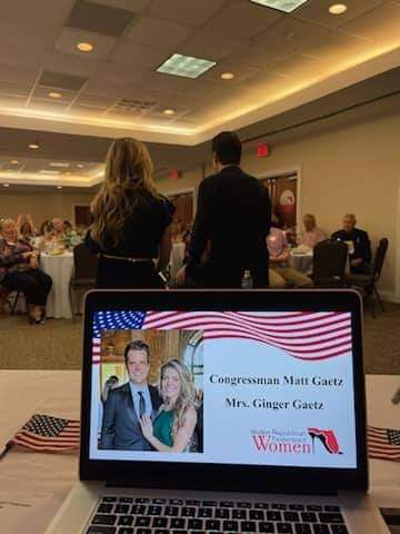 WRWFederated's tweet photo. Congressman @RepMattGaetz Gaetz certainly fired us up with his FIREBRAND words at Wednesday's meeting! How wonderful getting to know his extraordinary wife @LuckeyGinger and celebrate the surprise Congressional Naturalization presentation for his aide @LarryHetu1, a US Citizen! https://t.co/OstzfO34y4