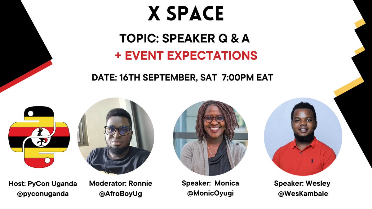 pyconuganda's tweet photo. Exciting news! ๐ข
Join our Twitter Space today for a special Speaker Q&A session and learn more about the upcoming PyCon Uganda event! ๐๏ธ
Meet our featured speakers:
๐ค Wesley, an expert in AI & ML
๐ค Monicah, one of our keynote speakers
Get your questions ready
#PyConUganda23 https://t.co/FWUEphLgCv
