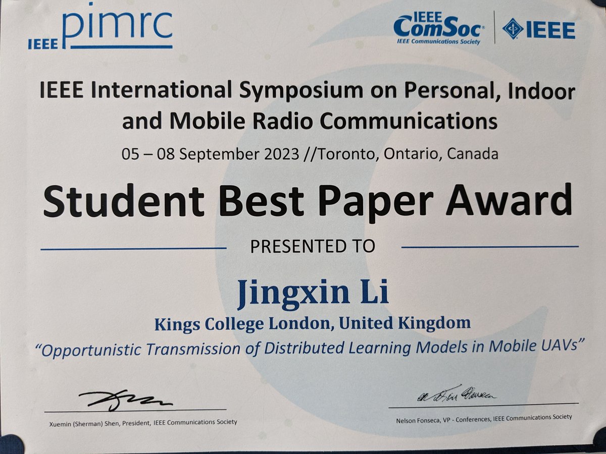 Many congratulations to Jingxin for her best student paper award at #PIMRC2023 <a href="/ComSoc/">IEEE ComSoc</a>  <a href="/KingsNMES/">KCL Natural, Mathematical & Engineering Sciences</a> <a href="/KingsNMES/">KCL Natural, Mathematical & Engineering Sciences</a>  <a href="/kings_ctr/">Centre for Telecommunications Research</a>