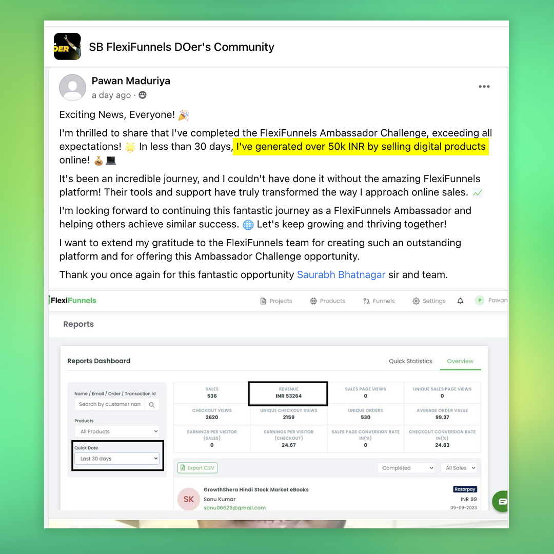 We are super proud and happy to announce that Mr. Pawan Maduriya has become the new FlexiFunnels Ambassador by generating revenue of Rs 50,000 in 30 days.  

He achieved this feat by selling digital products using FlexiFunnels.  

#flexifunnels #flexifunnelsambassador