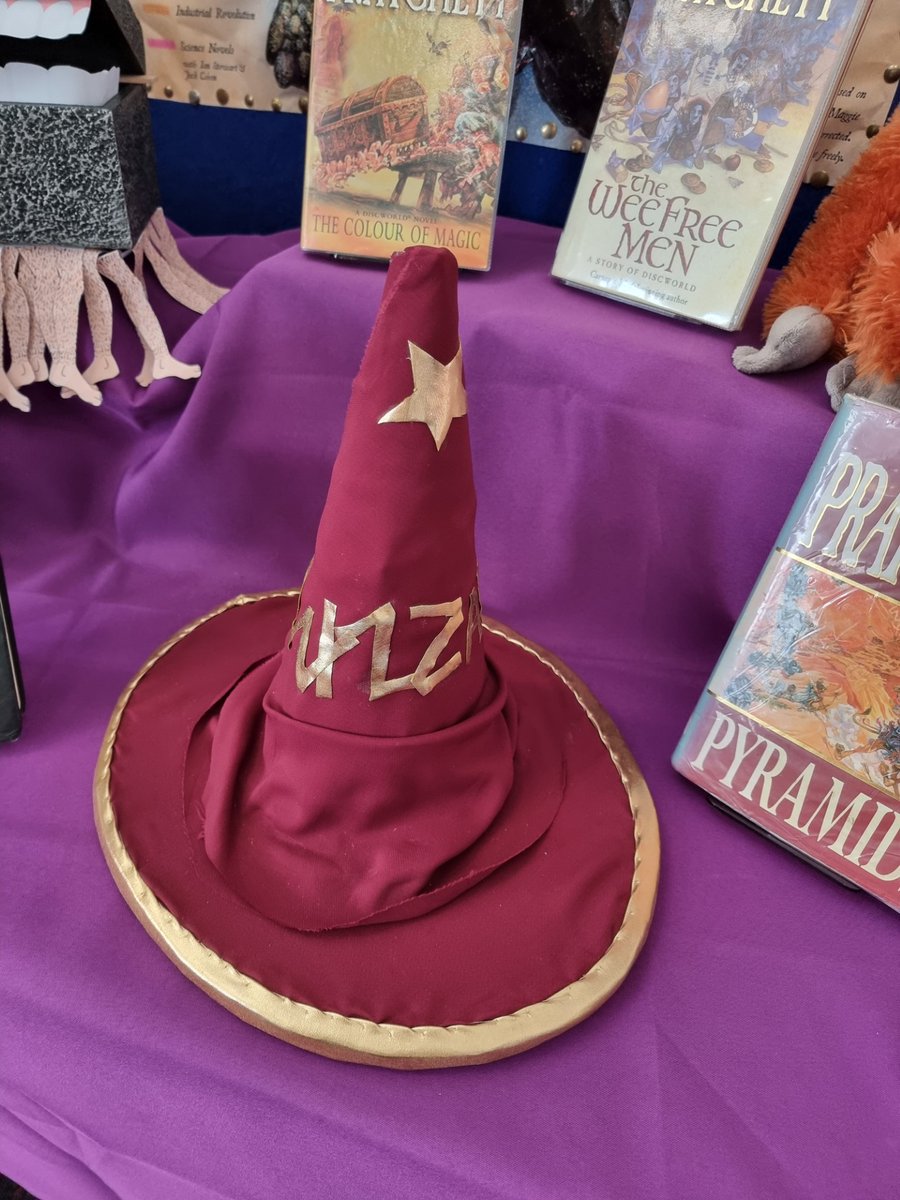 Our new Terry Pratchett display.  Many thanks to our pupil librarian, Kathryn, for Rincewind's hat #thegeniusofTerryPratchett