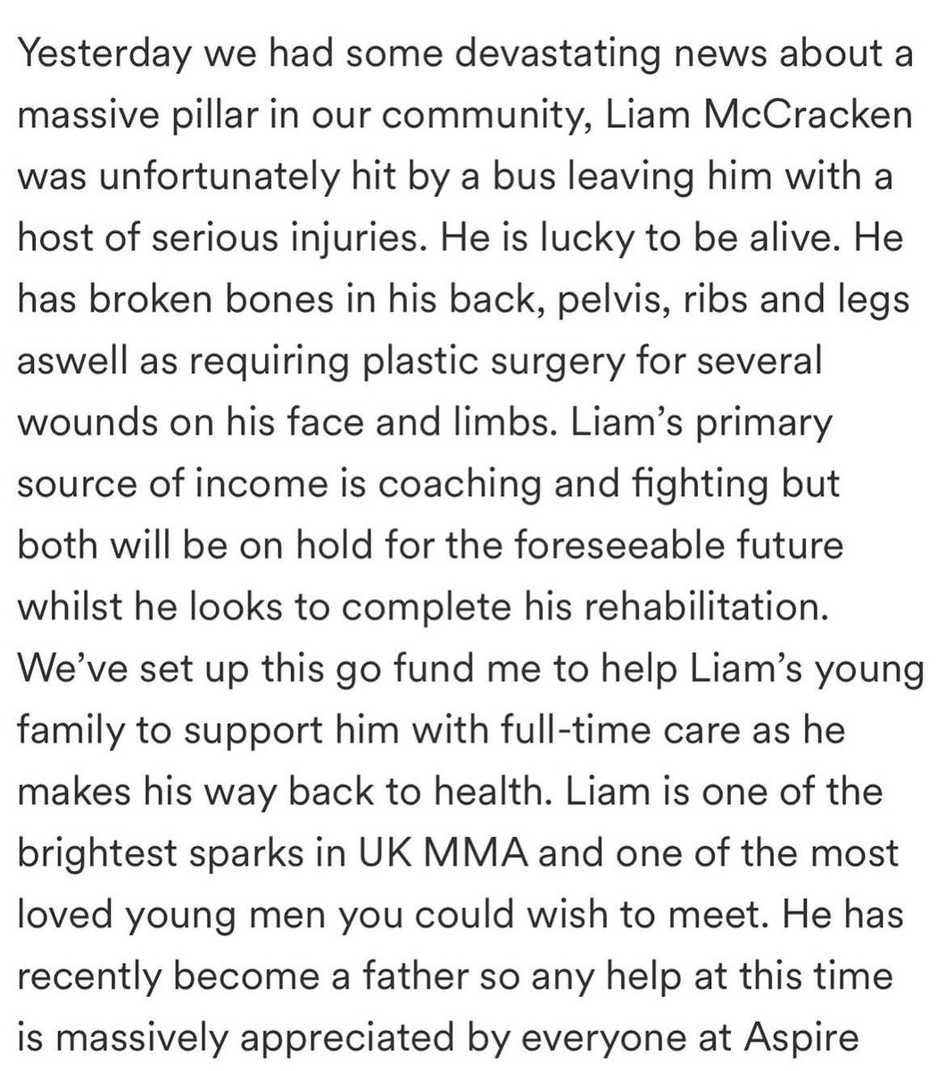 LewisSimpsonMMA's tweet photo. Heartbreaking to hear about Liam McCracken’s devastating news. 

One of the nicest guys in the community who will always give you the time of day. 

Liam was set to headline APFC next month and take another step closer to reaching the pinnacle of the sport, and now needs our help with an even bigger fight. 

Liam has a one-year old baby at home and family he supports by fighting and coaching.

Let’s pull through and help support Liam and his family during this time via Go Fund Me link below 🙏🏻

https://t.co/NwoLXfMqvO