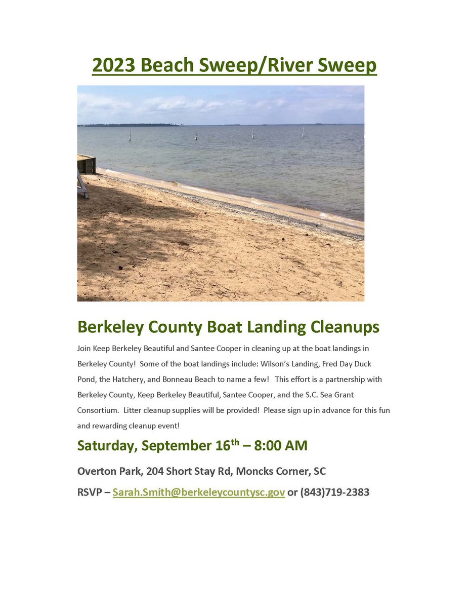 BeautifulBerk's tweet photo. RSVP for this Saturday to clean up litter at a Berkeley County Boat Landing!  #cleanup #beachsweepriversweep #volunteer #keepberkeleybeautiful https://t.co/W3Y2eQZ4Fa