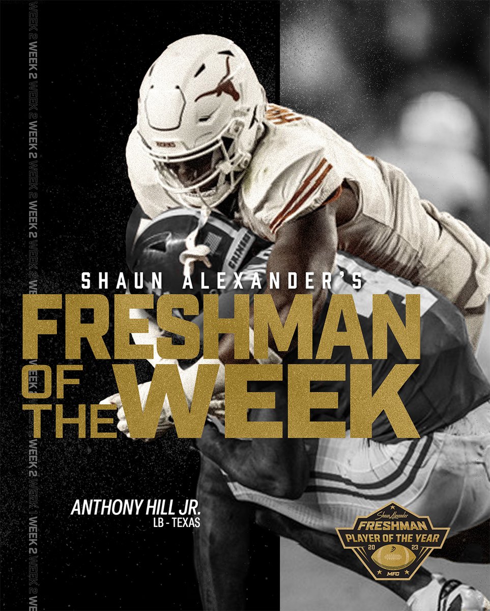shaunalexander's tweet photo. Congratulations to Anthony Hill Jr. (LB), Texas! Anthony @thegoatanthony1 is this week's Shaun Alexander Freshman Player of the Week. #FPOY #Hot37 #AlexanderAward #PrinceOfCollegeFootball #CarrytheCoin #FinishTheGame @TexasFootball @MFC Hook Em’ @ColtMcCoy @rak98 @VinceYoung10 https://t.co/uv6xtA6be6