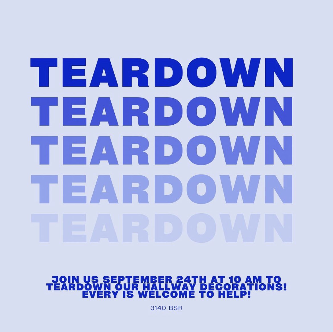 Join us Sunday, September 24th (day after Hoco) at 10 AM to help clean up our hallways and decor.
Everyone is welcome and its a great way to get involved! <a href="/Todd_spinner/">OlentangyBerlinBears</a> <a href="/TheatreBerlin/">Olentangy Berlin Theatre</a> <a href="/OlentangySD/">Olentangy Schools</a>