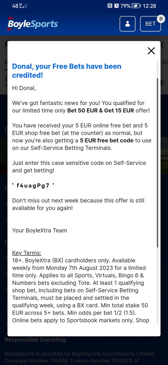 donalwx's tweet photo. @Boylecare i received both my online and in shop free bet no problem but they code for self service terminal only says already used when I put it into machine but I never used the code so why is it saying already used on betting terminal staff in shop réckon they I contact u https://t.co/x3xpceUtn3