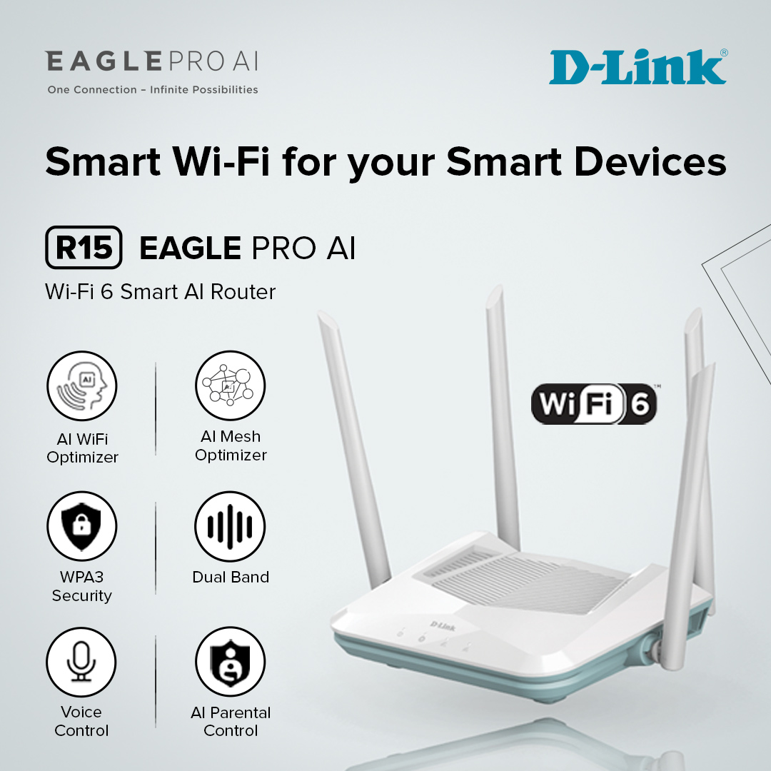DLink_India's tweet image. No more frustrating dropouts or lags in your wireless connections. Bring home the revolutionary EAGLE PRO AI series router and experience seamless connectivity. More on in.dlink.com/eagleproai

#dlink #homewifi #homerouter #smarthomes #technology #gaming #streaming #ai #wifi6