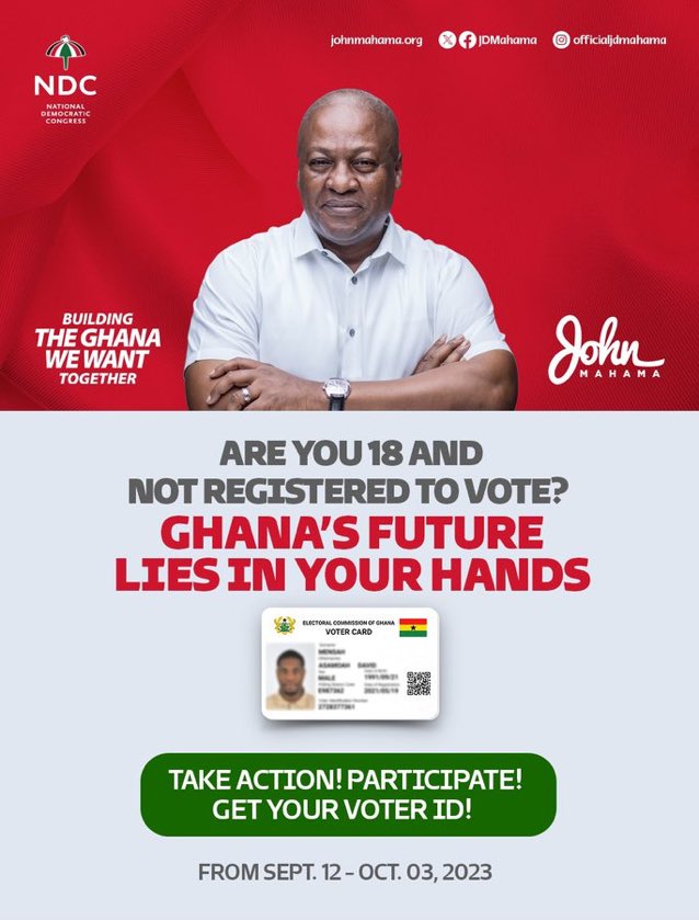 Register today to exercise your right come 2024
Your vote is your power so get involved ✅
#iWillVote4JM 
#TakeAction
#BuildingTheGhanaWeWantTogether