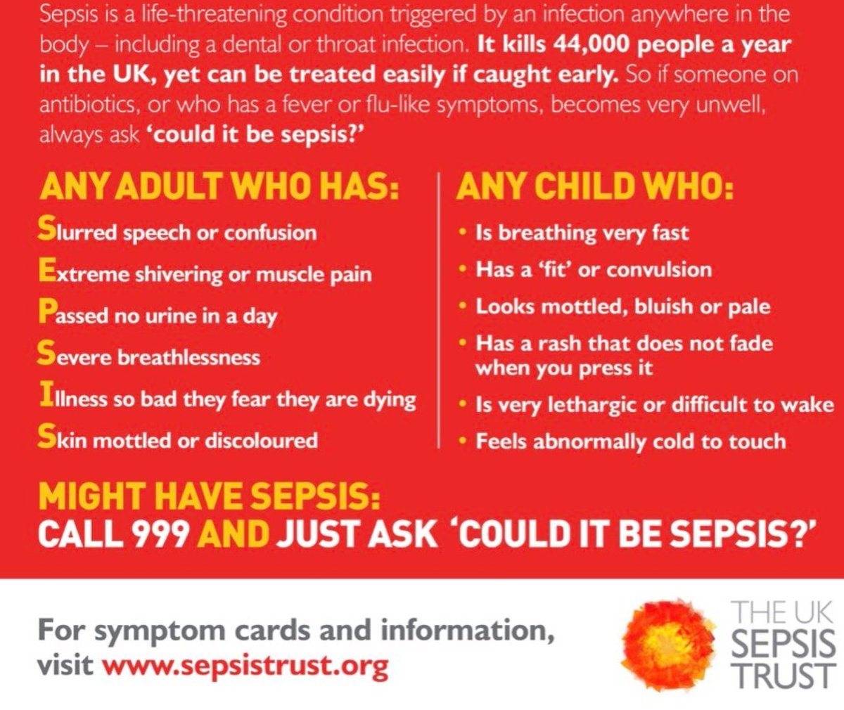 In the UK 5 people an hour die of sepsis. Knowing the signs could save lives #WorldSepsisDay @UKSepsisTrust #marthasrule