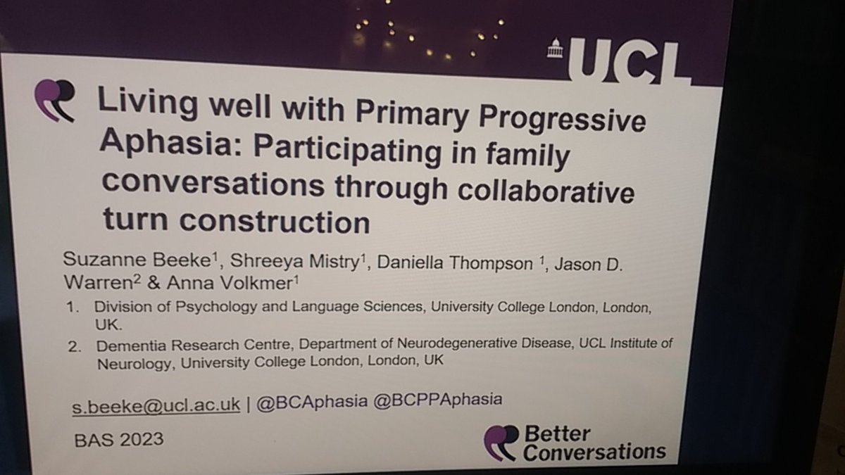 Better Conversations Lab (@bcaphasia) on Twitter photo Exited to be presenting our Better Conversations work on the impact of #PPA in family conversations at <a href="/BASConf2023/">International BAS Conference 2023</a> today! Based on the work of <a href="/UCL_MScSLS/">UCL speech & language therapy</a> graduates Shreeya Mistry & Daniella Thompson, with <a href="/volkmer_anna/">Dr Anna Volkmer</a> and <a href="/profjasonwarren/">Jason Warren</a> #BASConf2023 Exited to be presenting our Better Conversations work on the impact of #PPA in family conversations at <a href="/BASConf2023/">International BAS Conference 2023</a> today! Based on the work of <a href="/UCL_MScSLS/">UCL speech & language therapy</a> graduates Shreeya Mistry & Daniella Thompson, with <a href="/volkmer_anna/">Dr Anna Volkmer</a> and <a href="/profjasonwarren/">Jason Warren</a> #BASConf2023