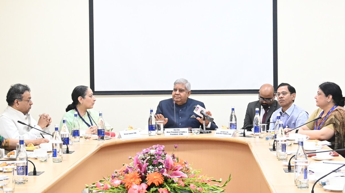 VPIndia's tweet photo. Honโble Vice-President, Shri Jagdeep Dhankhar addressed the research faculty and scholars of Indian Council of World Affairs at Sapru House, New Delhi today. @ICWA_NewDelhi https://t.co/HIHCTOlhVg